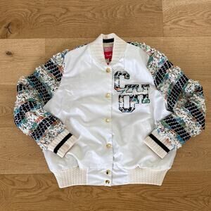 Coohem - Tweed Detail Bomber Jacket in Cream & Blue Multicolor